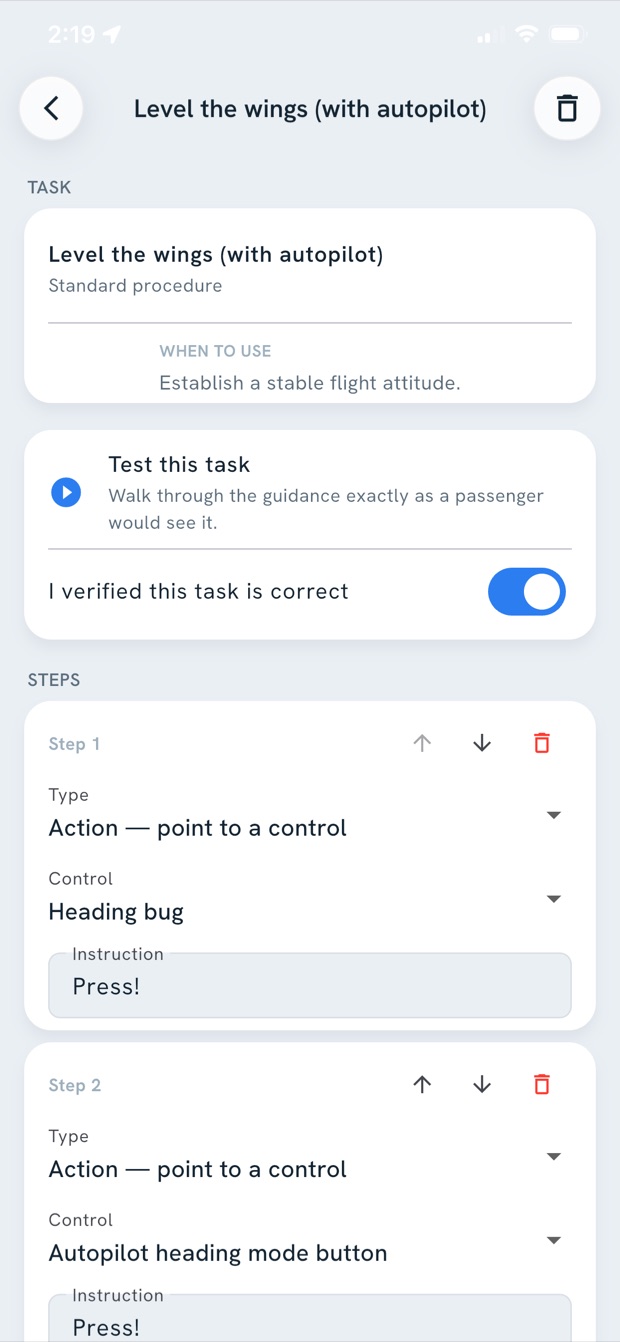 Building step-by-step guidance for an aircraft